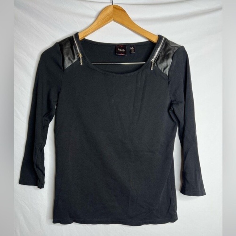 Rafaella Black Knit Top with Leather and Zipper Shoulders size S/P/CH